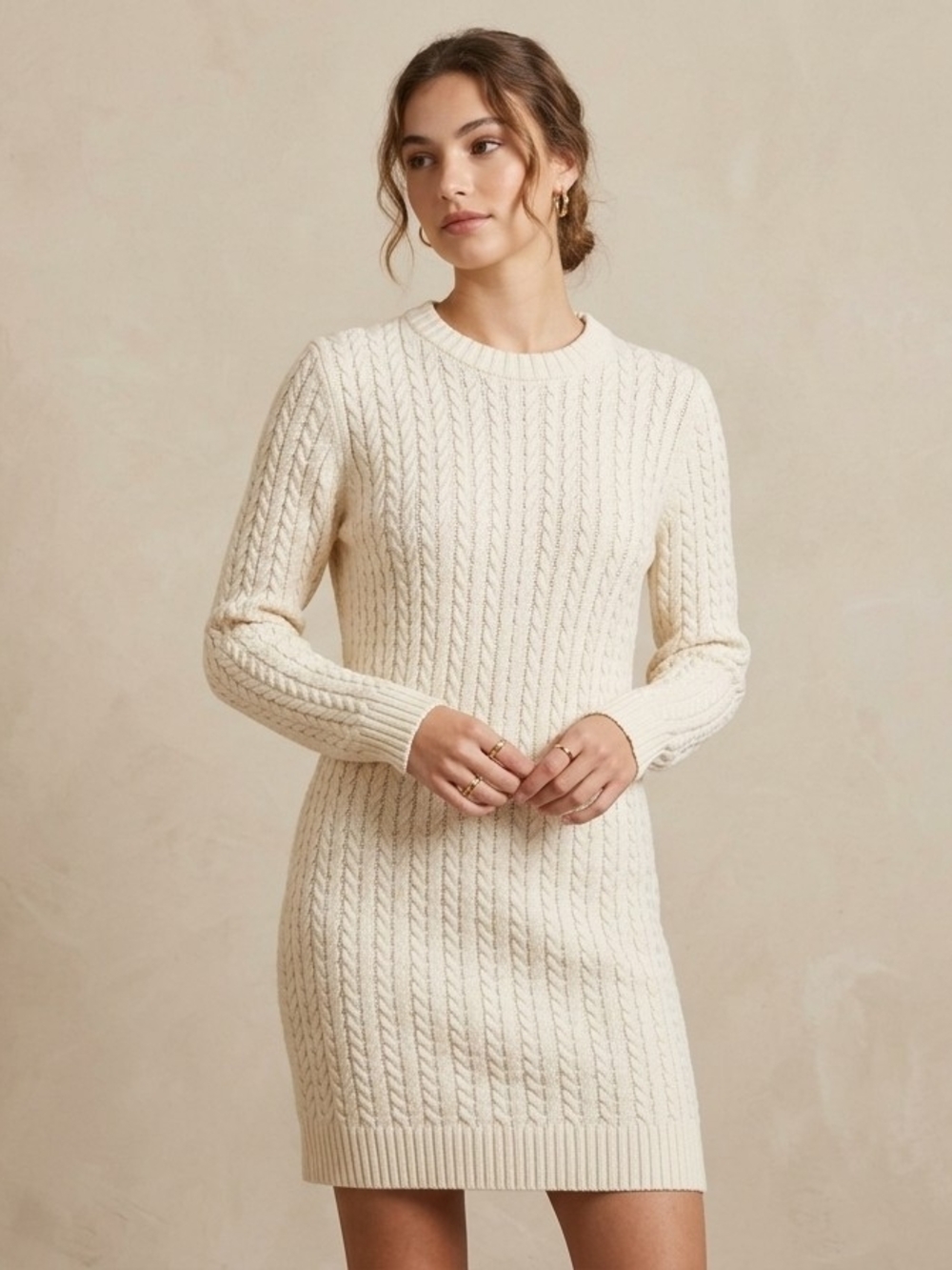 Zara Cream Cable-Knit Long Sleeve Sweater Dress Minimalist Timeless Preppy M